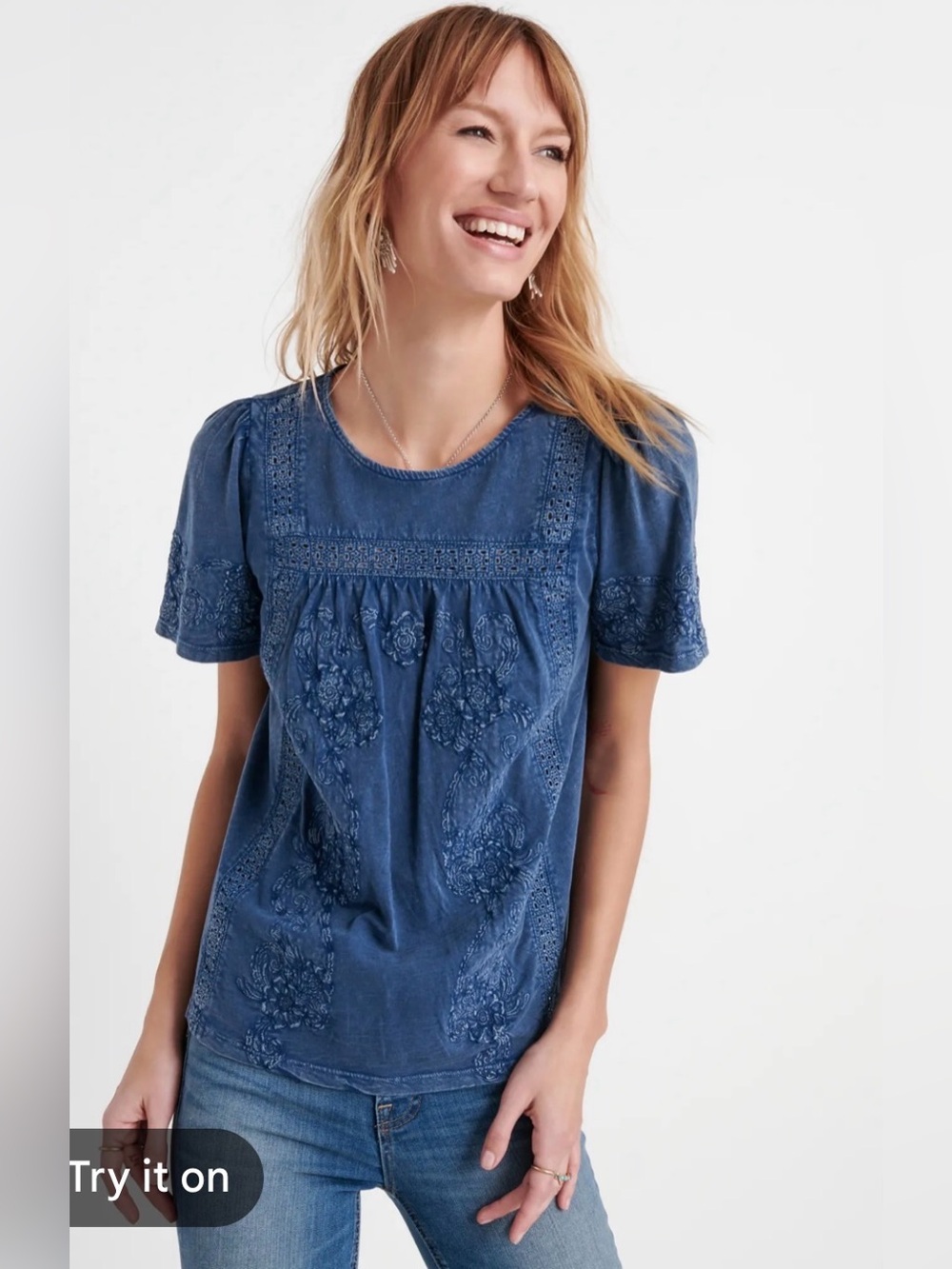 Lucky Brand Embroidered Crochet Peasant Top size S/P